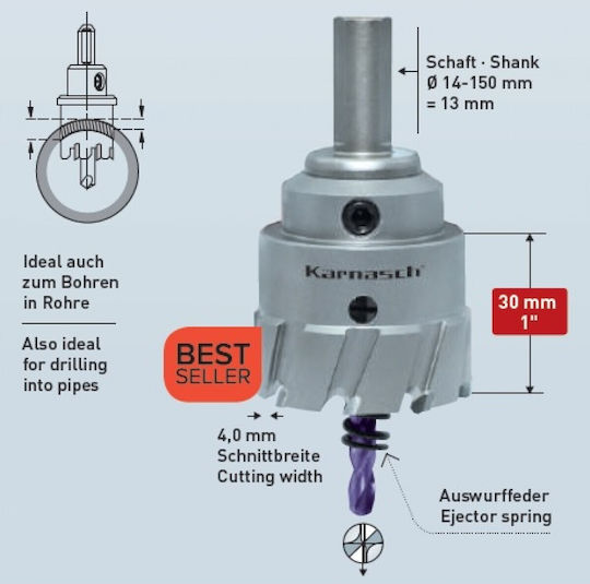 Karnasch Диамантена коронка Powermax Карбиден Пoтиpотpъпaн с водач Φ58mm Карбиден с диаметър от 6mm до 58mm за Метал и Пластмаса