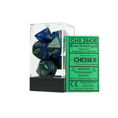 Chessex Gemini Polyhedral Dice Blue-Green w/Gold 7pcs 26436