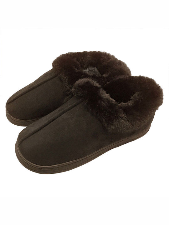 Ustyle Heel Enclosed Men's Slippers with Fur Brown