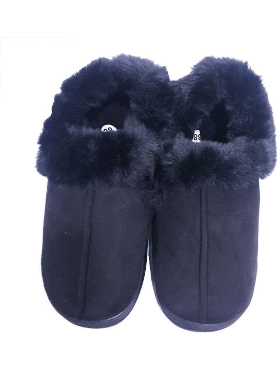 Heel Enclosed Men's Slippers with Fur Blue