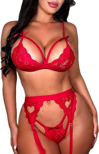 Pretty Lingerie Sexy Σετ Εσωρούχων με Δαντέλα & Ζαρτιέρες Κόκκινο
