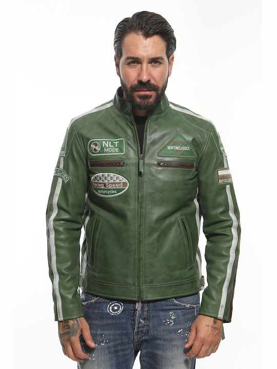 Newton Leather Ανδρικό Δερμάτινο Χειμωνιάτικο Μπουφάν Biker Πράσινο.