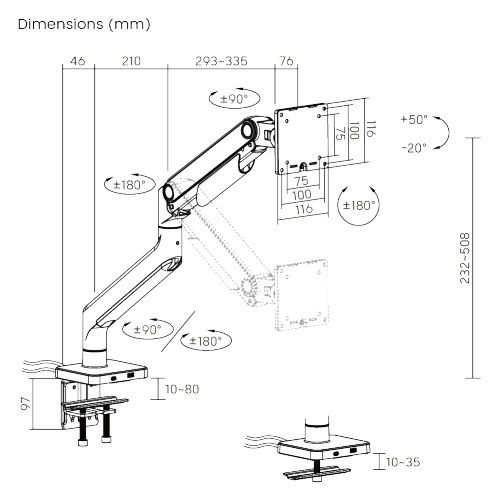 Brateck LDT74-C012UC Βάση Γραφείου Οθόνης έως 49" με Βραχίονα Γκρι