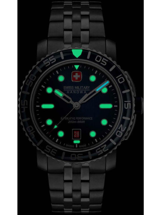 Swiss Military Hanowa Herrenuhr 44mm Batterie mit Schwarz Metallarmband