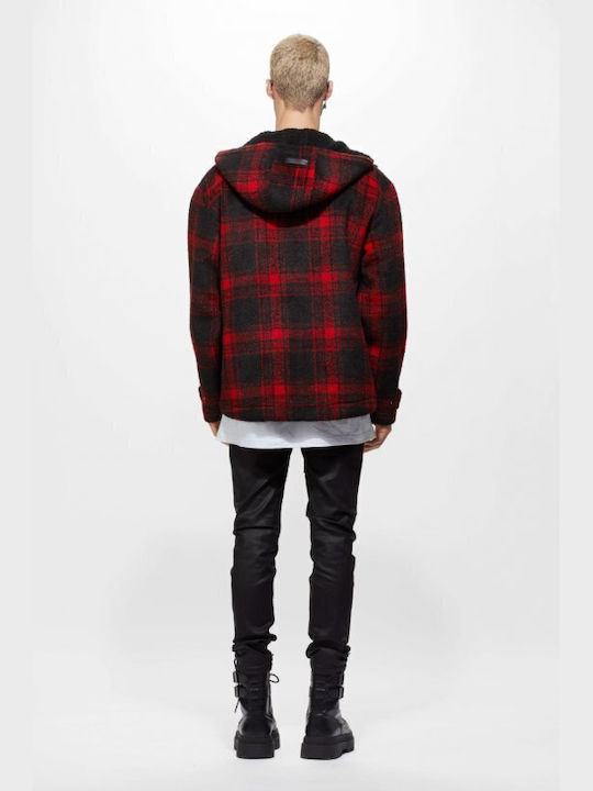 Cardigan oversize Young Poets Society pentru bărbați - negru (MIKA HOOD CHECK 224 BLACK/RED 107627)