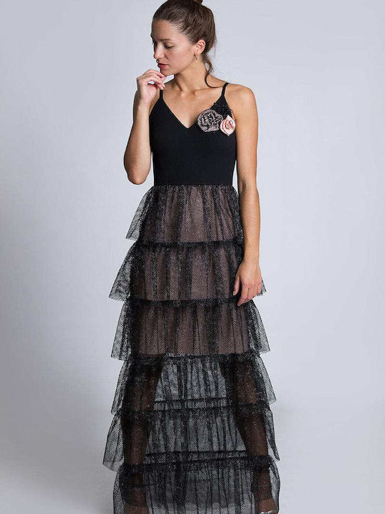 Eden Maxi Evening Dress with Tulle Black