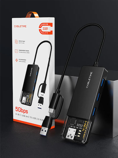 Cabletime USB-Hub 4 Anschlüsse USB 3.0 mit USB-A / USB-C Verbindung