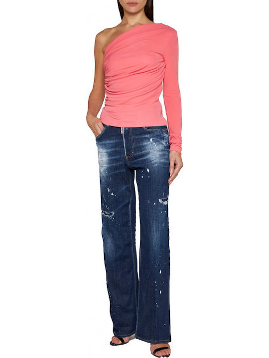 Damen Bluse Schulterfrei Langärmelig Rosa