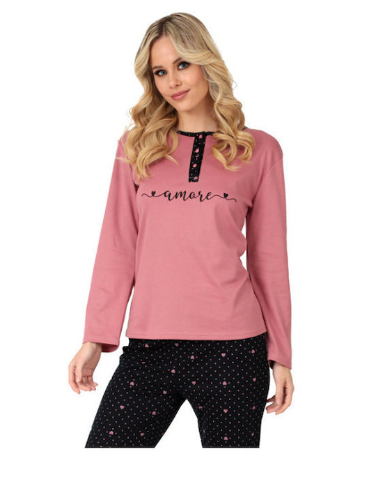 Lydia Creations Winter Damen Pyjama-Set Baumwolle Rose