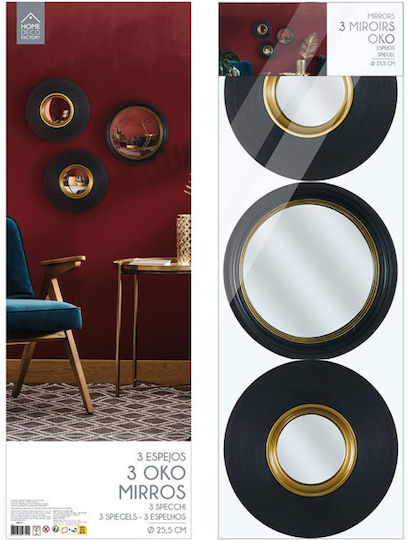 The Home Deco Factory Wall Mirror with Black Plastic Frame Diameter 25.5cm 3pcs
