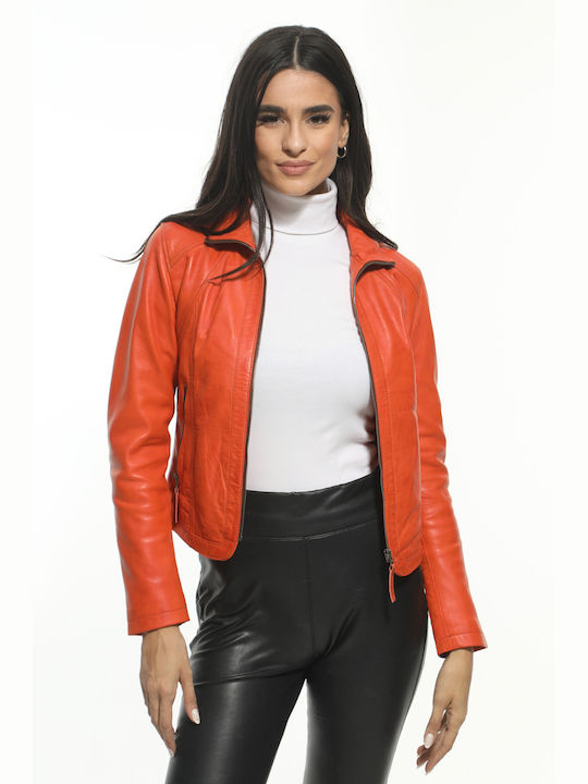 Newton Leather Women's Short Lifestyle Leather Jacket for Winter Orange.