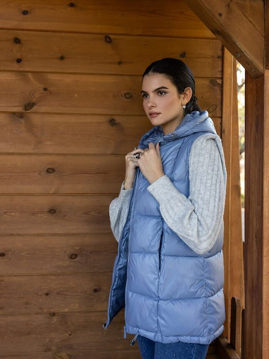 Open Lang Damen Ärmellos Puffer Jacke für Winter Γαλάζιο