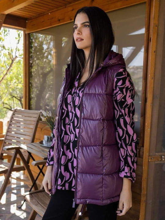 Open Women's Long Puffer Jacket for Winter Purple