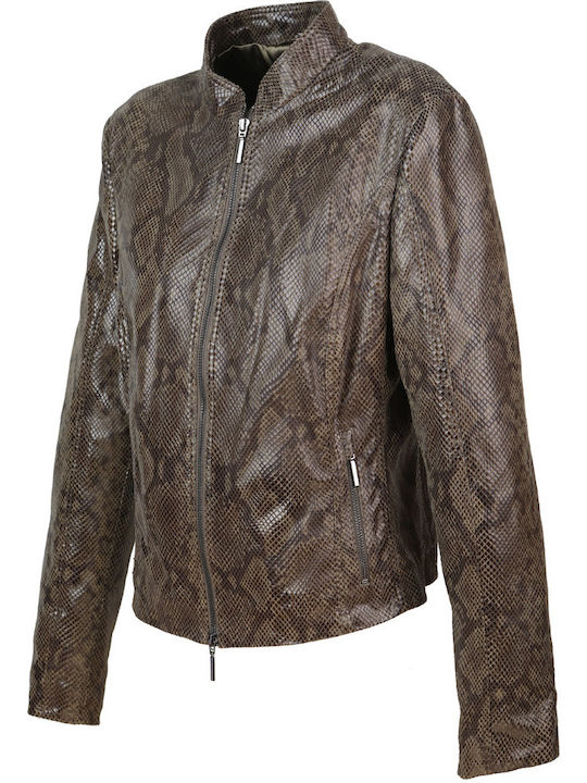 Studio Ar Women's Short Lifestyle Leather Jacket for Winter Khaki