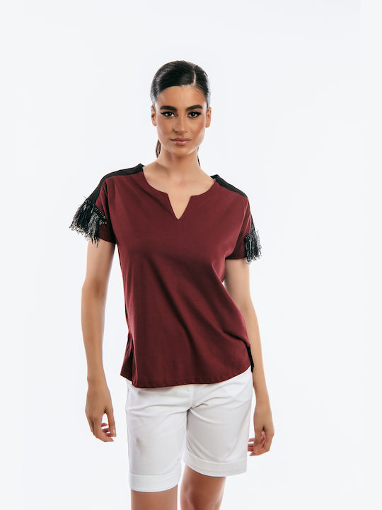 Boutique Damen Sommer Bluse Kurzärmelig Bordeaux