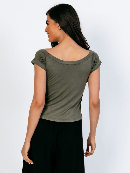 Women's Blouse Short Sleeve with Boat Neckline Haki