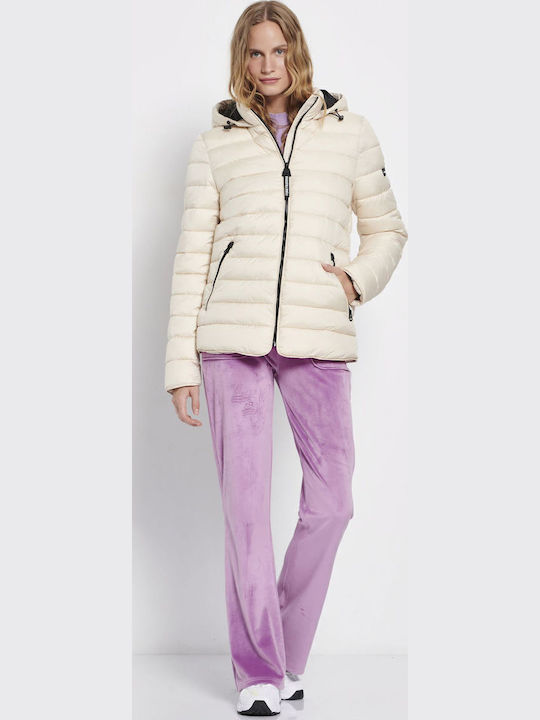 Women's Short Puffer Jacket for Winter with Detachable Hood White