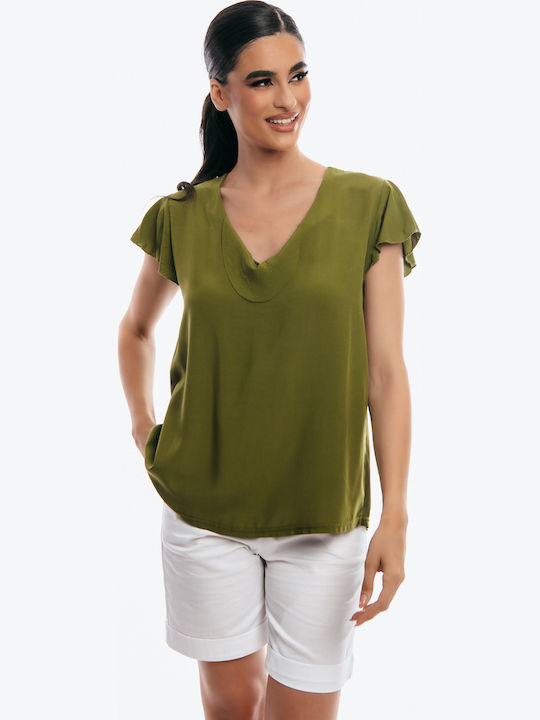 Damen Bluse Kurzärmelig mit V-Ausschnitt Khaki