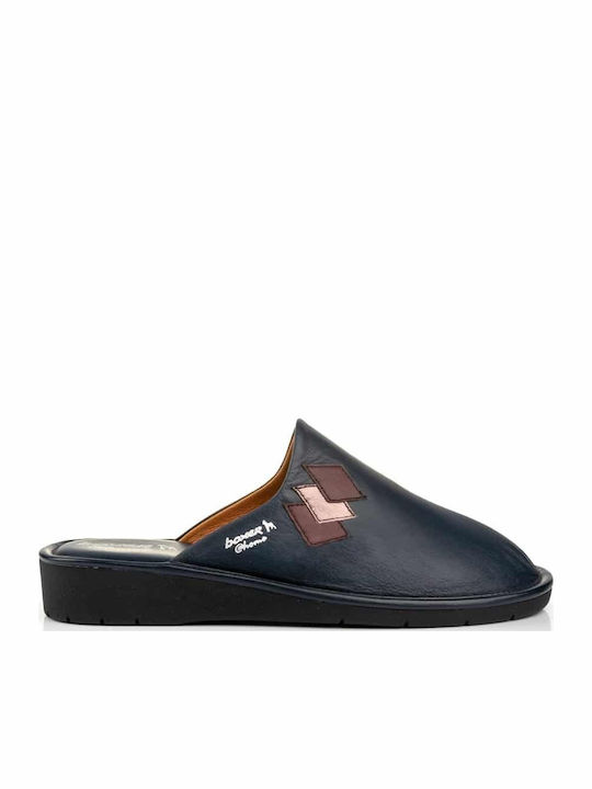Leather Winter Women's Slippers Navy Blue