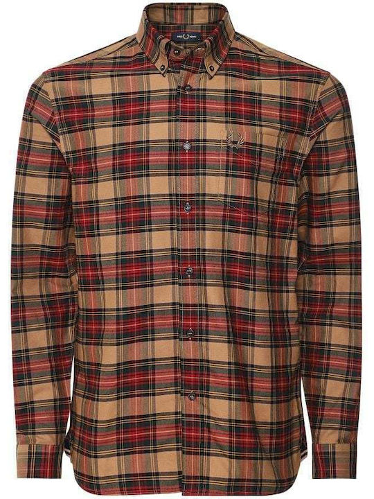 Fred Perry Men's Shirt Long-sleeved Cotton Checked Shaded Stone