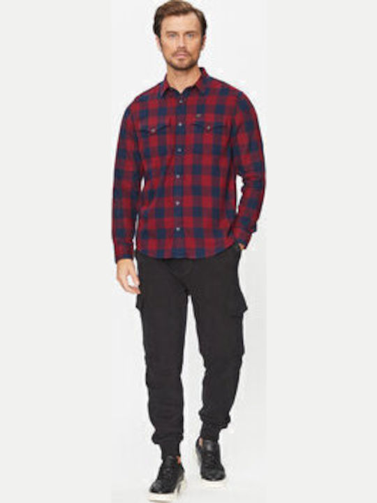 Western Long Sleeve Flannel Shirt in Regular Fit Checked Red