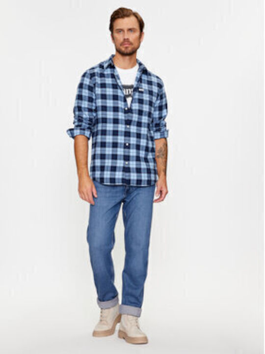 Long Sleeve Cotton Shirt in Regular Fit Checked Blue