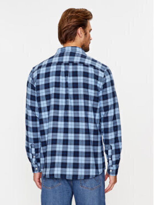 Long Sleeve Cotton Shirt in Regular Fit Checked Blue