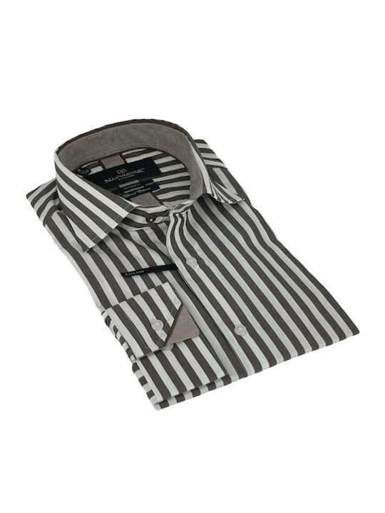 Monte Napoleone Men's Shirt Long Sleeve Cotton Striped CAFE