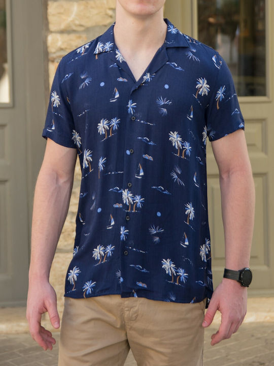 Huxley & Grace Men's Shirt Short Sleeve Cotton Floral Navy Blue