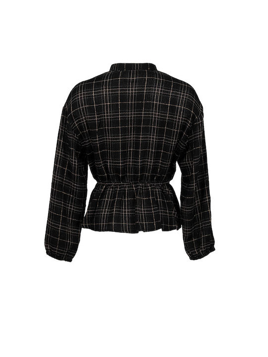 See U Soon Checkered V-neck Blouse Women's Blouse Long Sleeve with V Neckline Black