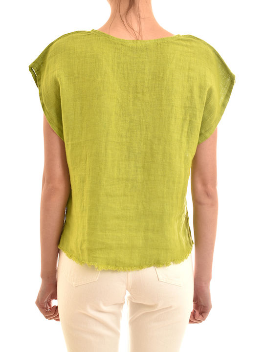 Blouse-lime Γυναικεία Καλοκαιρινή Μπλούζα Λινή Κοντομάνικη Πράσινη