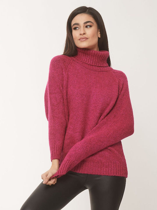 Women's Long Sleeve Sweater Woolen Turtleneck Fuchsia