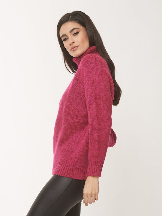 Women's Long Sleeve Sweater Woolen Turtleneck Fuchsia
