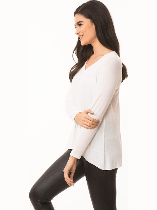 Women's Blouse Long Sleeve with V Neckline White