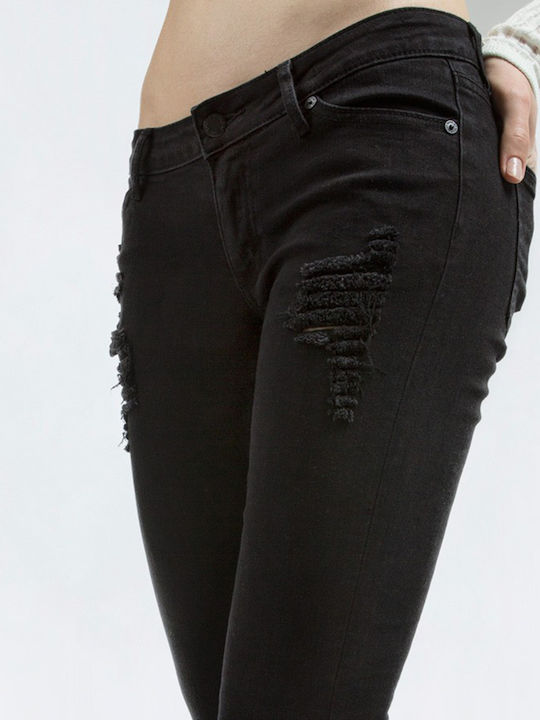 Slim Destroy Χαμηλόμεσο Γυναικείο Jean Παντελόνι με Σκισίματα σε Slim Εφαρμογή Μαύρο