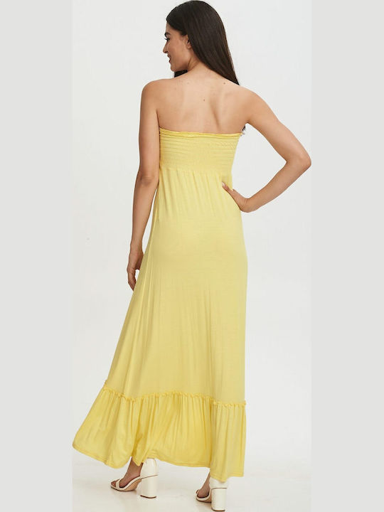 Καλοκαιρινό Maxi Βραδινό Φόρεμα Strapless Κίτρινο