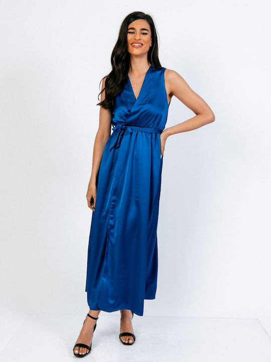 Boutique Καλοκαιρινό Maxi Βραδινό Φόρεμα Σατέν Κρουαζέ Μπλε
