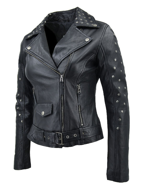 Δερμάτινα 100 Women's Short Biker Leather Jacket for Winter Black