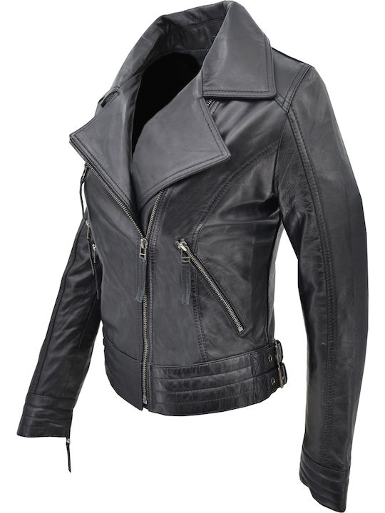 Δερμάτινα 100 Women's Short Biker Leather Jacket for Winter Black