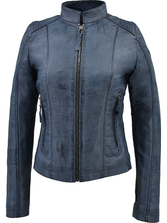 Δερμάτινα 100 Women's Short Biker Leather Jacket for Winter with Hood Blue-grey.