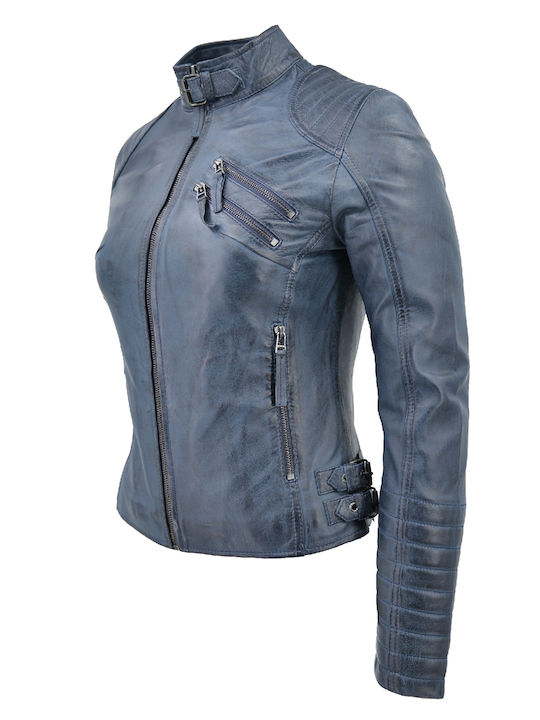 Women's Short Biker Leather Jacket for Winter Blue