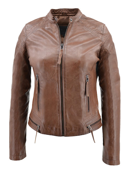 Δερμάτινο Γυναικείο Biker Jacket COGNAC