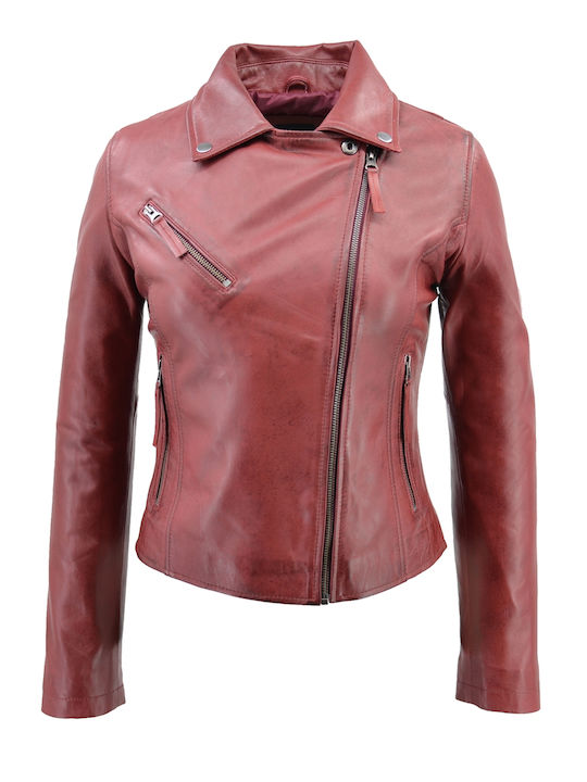 Δερμάτινα 100 Women's Short Biker Leather Jacket for Winter Red (RED)