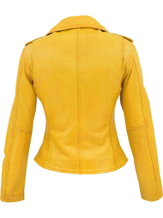 Women's Short Biker Leather Jacket for Winter Yellow