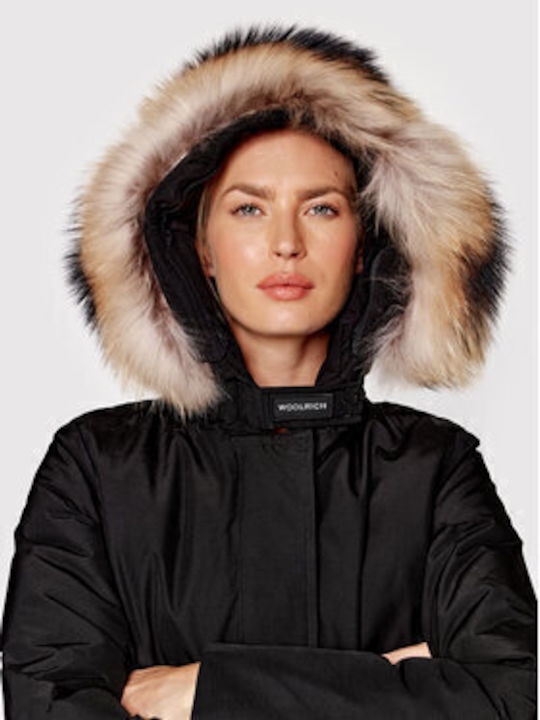 Arctic Raccoon Women's Short Parka Jacket for Winter with Hood Black