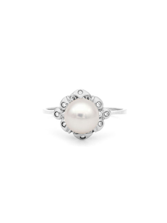 Women's White Gold Ring Akoya with Pearl & Diamond 18K