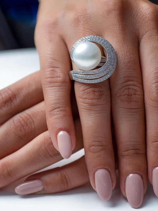 Ring with Pearls & Diamond made of White gold 18K