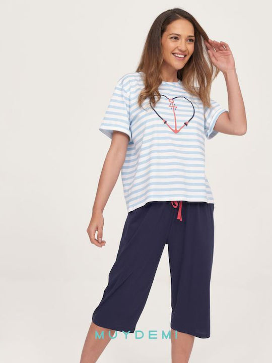 Muydemi Sommer Damen Pyjama-Set Baumwolle blue