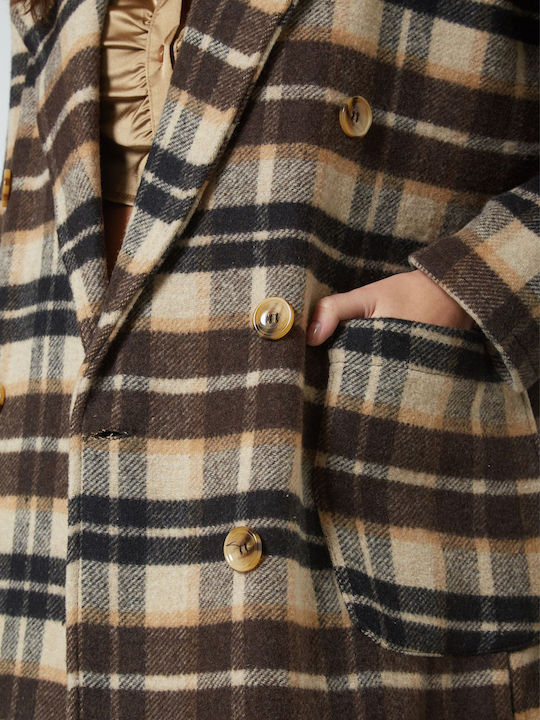 Enter Fashion Women's Checked Long Coat with Buttons Brown