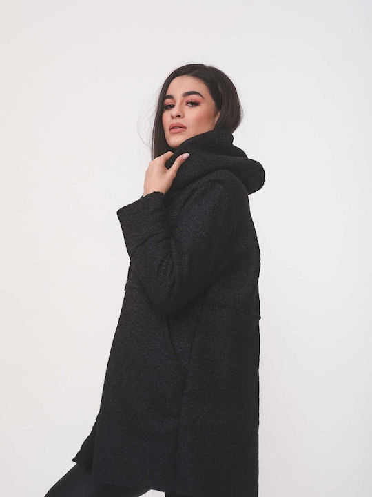 Curly Women's Black Coat with Hood